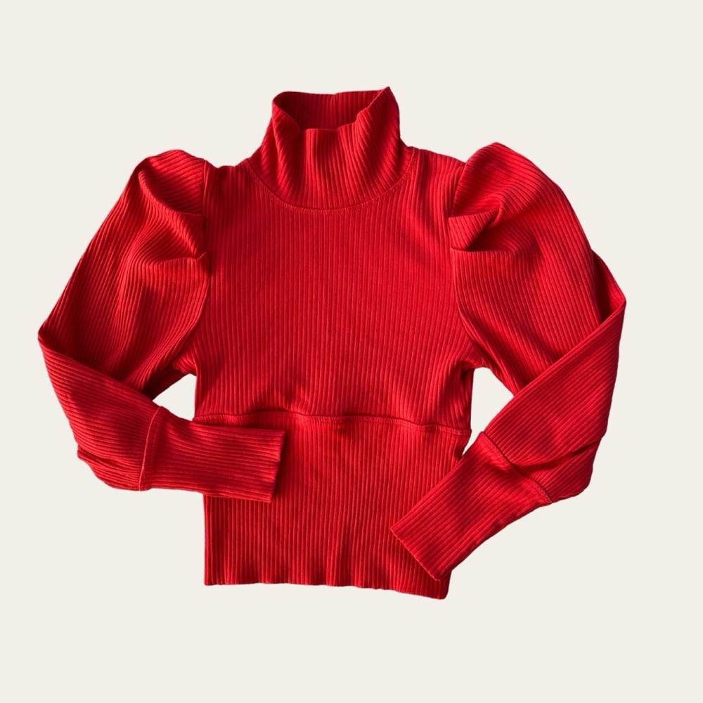 Free People Red Lala Tee Pleat Puff Sleeve Ribbed Mock Neck Cropped Top